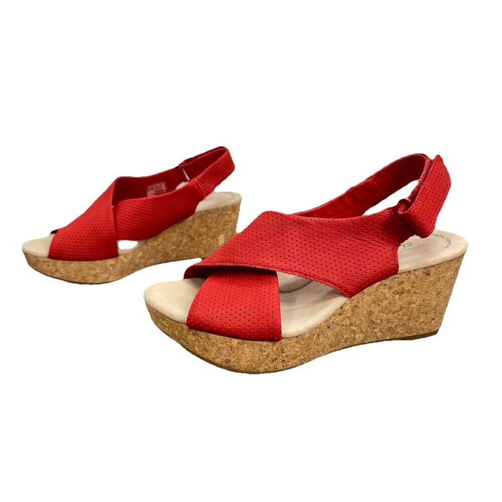 Clarks Red Perforated Leather Cork Wedge Sandals